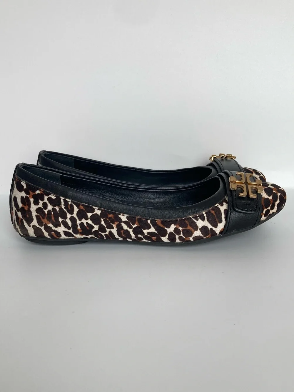 Tory Burch Eloise Black Leather & Leopard Print Cap-Toe Ballet Flats